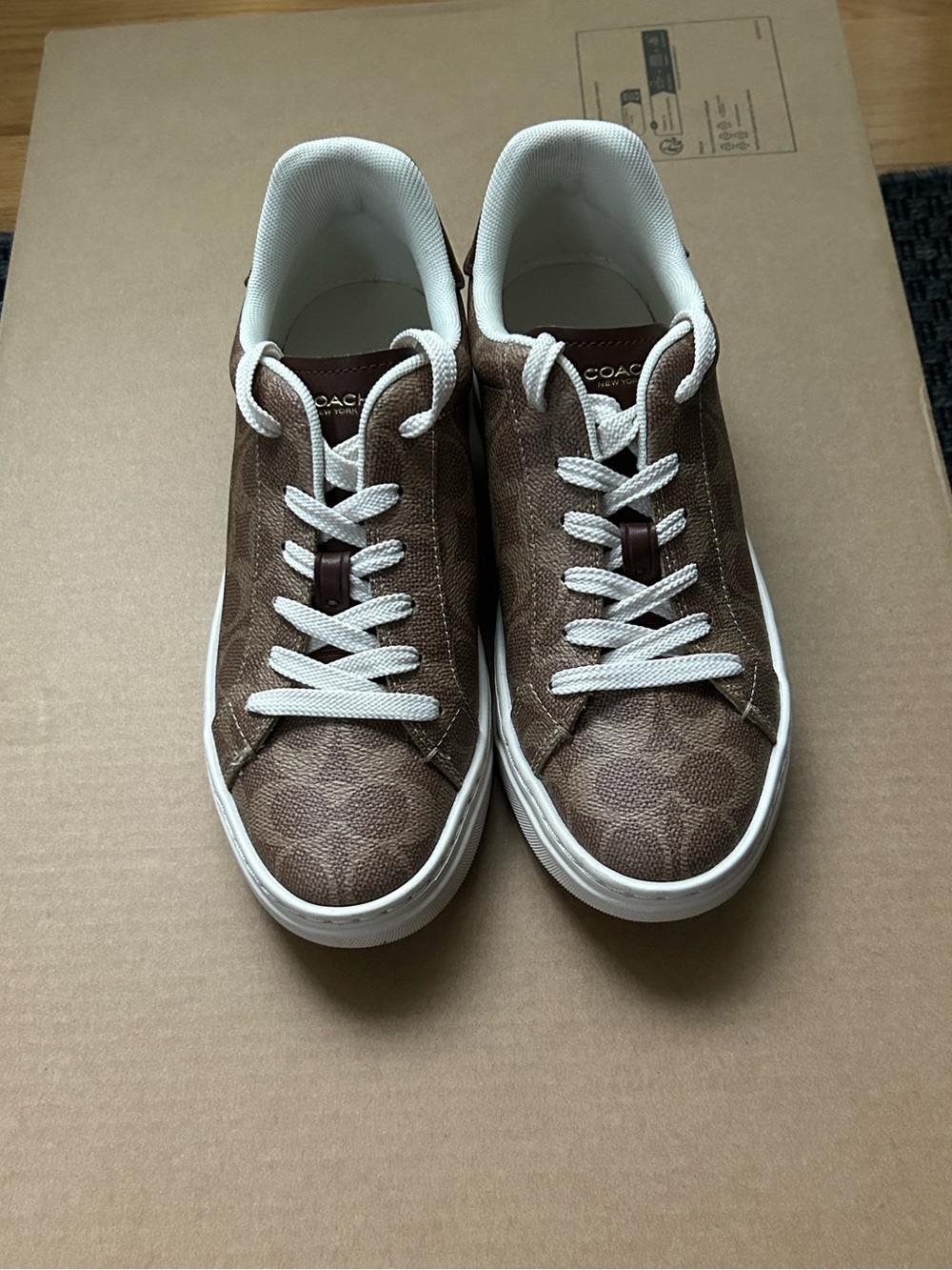 Authentic Coach Women’s High Line Sneaker in Brown Khaki Signature Canvas